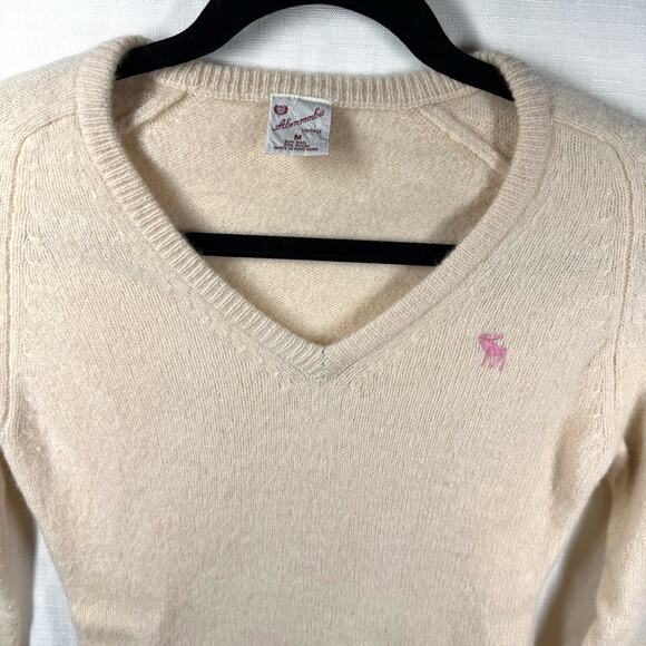 VINTAGE 90s Abercrombie Wool Blend Sweater Cream Pink Size M Preppy Minimalist - Picture 2 of 12